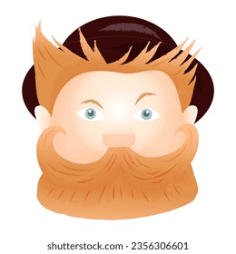 Funny red-haired man in a hat. Vector illustration with watercolor effect in cartoon style.