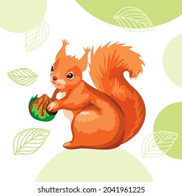 A funny red-haired squirrel is eating a nut. The fabulous squirrel is gnawing a hazelnut. fabulous rodent with beautiful eyes 