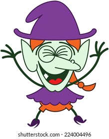 Funny red-haired witch with purple clothes and hat, big nose, pointy ears and green skin while clenching her eyes, laughing, jumping and raising her arms in a very enthusiastic mood