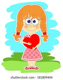 Funny redhead girl in beautiful dress is keeping big red heart in her hands