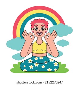 Funny redhead girl meditates in nature. Cartoon female character relaxes on the background of clouds, rainbows. Vector illustration isolated on white background.