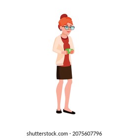 funny redhead woman drink tea in kitchen cartoon vector. funny redhead woman drink tea in kitchen character. isolated flat cartoon illustration