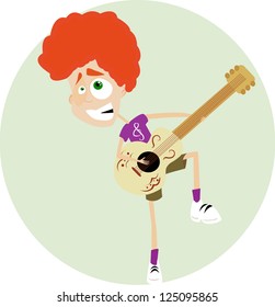 Funny redheaded boy playing a guitar and dancing. In sneakers, style. Vector