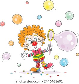 Funny red-headed curly circus clown blowing colorful soap bubbles in an amusing performance for little children, vector cartoon illustration on a white background