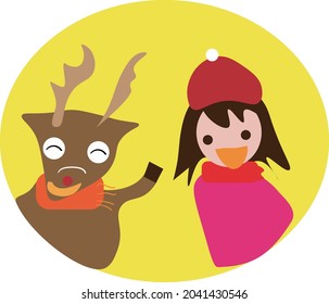 Funny red-nosed reindeer and girl laughing background texture