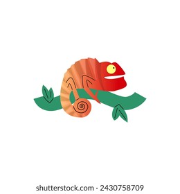 Funny red-orange chameleon sitting on branch flat style, vector illustration isolated on white background. Decorative design element, wild colorful animal, nature