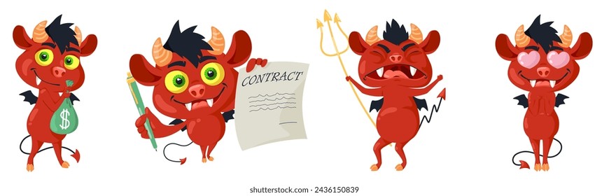 Funny red-skinned devil cartoon characters isolated set. Adorable demon carrying money bag, offering contract, crying or feeling love. Halloween collection of stickers and emoticon vector illustration