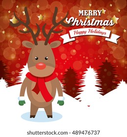 funny reindeer card christmas red background with pine snow