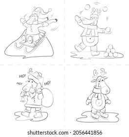 Funny Reindeer Christmas character set coloring book page vector illustration