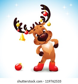 Funny reindeer christmas  Cute Santa Reindeer with Bow Bell and christmas balls