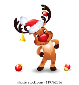 Funny reindeer christmas  Cute Santa Reindeer with Bow Bell and hat of Santa Claus