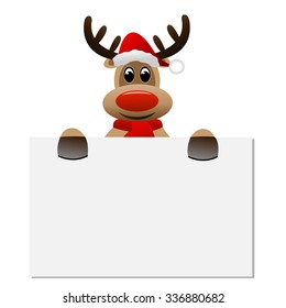 funny reindeer Christmas hat holding a blank banner, vector illustration