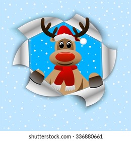 funny reindeer in Christmas hat, vector illustration