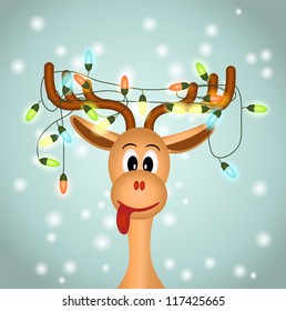 funny reindeer with christmas lights tangled in antlers