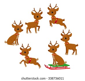 Funny Reindeer Christmas set. Holiday cartoon vector illustration.