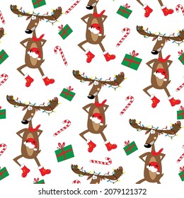 Funny reindeer and gift box, candy cane seamless pattern. Good for wrapping paper, cover, textile print, label and other decoration for Christmas. 