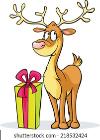 funny reindeer and gift - vector illustration isolated on white background