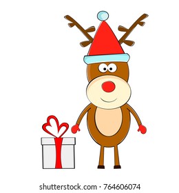 Funny reindeer and gifts. Cartoon style vector illustration.