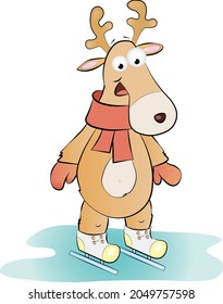 Funny Reindeer with ice skates isolated on white background vector illustration