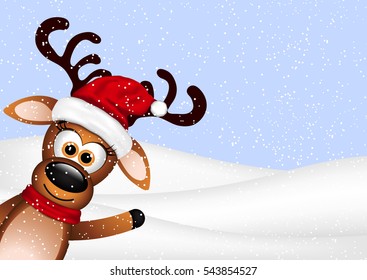 Funny Reindeer on winter background. 