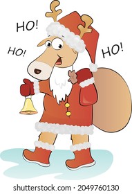 Funny Reindeer in Santa Claus suit on white background vector illustration