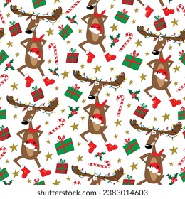 Funny reindeer with Santa hat, and gift box, candy cane, seamless pattern. Good for wrapping paper, cover, textile print, label and other decoration for Christmas. 