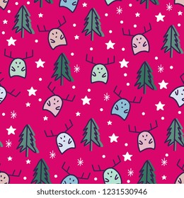 Funny reindeer seamless pattern on pink background. Colorful childish drawing doodle for kids and baby fashion textile print and wrapping vector illustration.