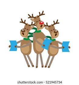 Funny reindeer singing Christmas carols, holding sheet music, with green scarves.Vector illustration.