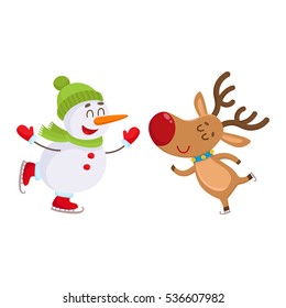 funny reindeer and snowman skating on ice, cartoon vector illustration isolated on white background. Deer and snowman, Christmas attributes, decoration elements