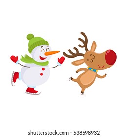 funny reindeer and snowman skating on ice, cartoon vector illustration isolated on white background. Deer and snowman, Christmas attributes, decoration elements