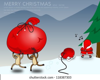 Funny Reindeer stealing gift bag, cartoon vector Chritmas background.