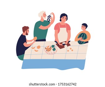 Funny relatives cooking and eating fruit together vector flat illustration. Smiling big family spending time at kitchen isolated on white. Grandfather, children and grandchild enjoying healthy food