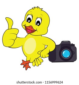 Funny relaxed photographer duck bird leaning against a big digital camera legs crossed big thumbs up and smile