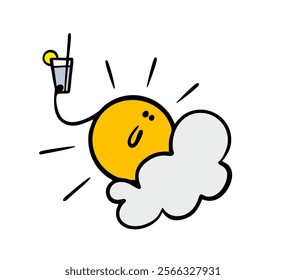 Funny relaxed sun is lying on a cloud in the sky and drinking an alcoholic cocktail in a glass. Vector illustration of a cute character from outer space resting and shining.