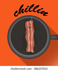 Funny relaxing bacon on a frying pan