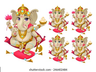 Funny representation of eastern god in 5 different colors, vector cartoon isolated characters.