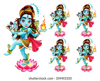 Funny representation of eastern god in 5 different eye colors, vector cartoon isolated characters.