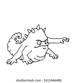 funny reptile chameleon with human face, hands and spikes, monster, space alien, vector illustration with black contour lines isolated on white background in Doodle and hand drawn style