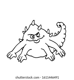 funny reptile chameleon with human face, hands and spikes, monster, space alien, vector illustration with black contour lines isolated on white background in Doodle and hand drawn style