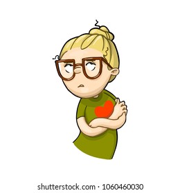 Funny resentful cartoon girl with crossing arms over her chest. Vector hand drawn illustration.