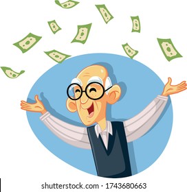 
Funny Retired Senior Man Throwing with Money. Rich grandfather throws cash prize in the air
