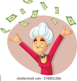Funny Retired Senior Woman Throwing with Money. Rich grandmother throws cash prize in the air
