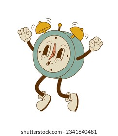 Funny retro alarm clock mascot for poster, banner, print. Cartoon wake up clock character vector illustration. Nostalgia, back to school