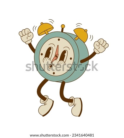 Funny retro alarm clock mascot for poster, banner, print. Cartoon wake up clock character vector illustration. Nostalgia, back to school