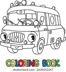 Funny retro ambulance car with eyes. Coloring book