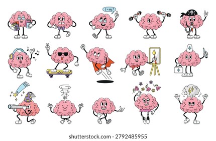 Funny retro brains. Groovy mind characters painting, training, study, listen music, reading. Funny brain different poses and emotions, neoteric vector clipart