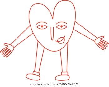 Funny retro bright groovy heart, illustration of playful love hearts for valentine's day in line style
