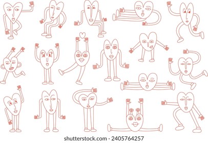 Funny retro bright groovy hearts, line illustration of playful love hearts for valentine's day