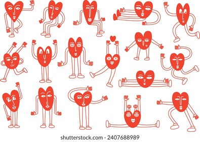 Funny retro bright groovy hearts, line illustration of playful love hearts for valentine's day