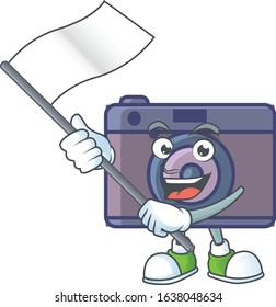 Funny retro camera cartoon character design with a flag